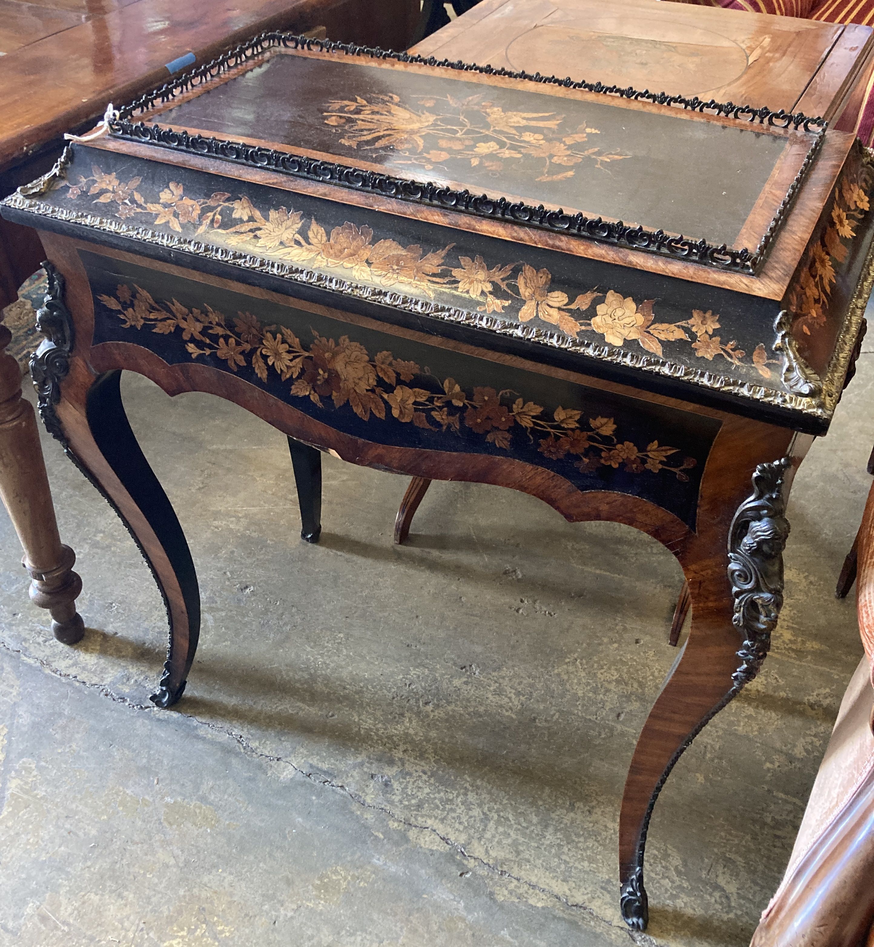 A 19th century French marquetry and kingwood jardiniere table, with ormolu mounts and removable cover, width 72cm, depth 42cm, height 7